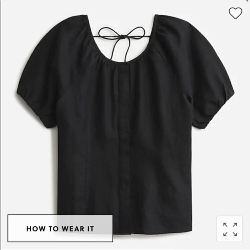 J. Crew Sz 8 Black 100% Linen Puff Sleeve V Back Top Blouse Button Front